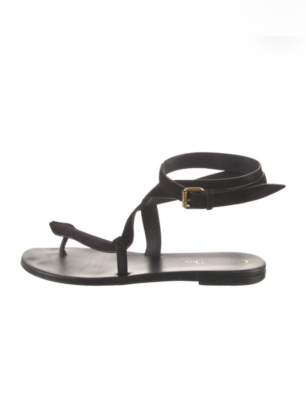 Christian Dior Black Leather Ankle-Strap Toe-Loop Sandal with Gold Buckle